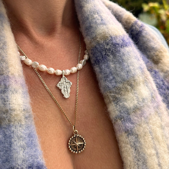 Vintage Cross Necklace (Cream Pearl)