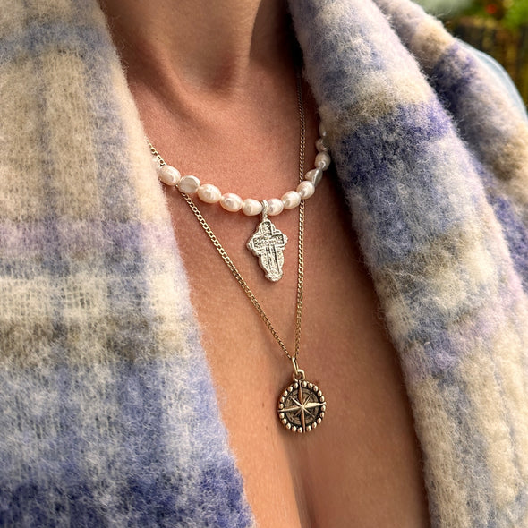Vintage Cross Necklace (Cream Pearl)