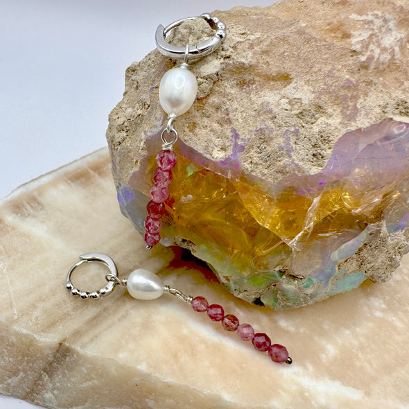 Beaded Drop Huggie | Pearl & Tourmaline