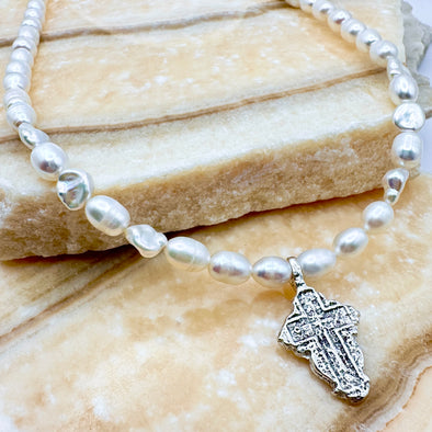 Vintage Cross Necklace (Cream Pearl)