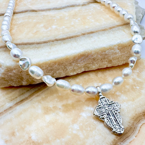 Vintage Cross Necklace (Cream Pearl)
